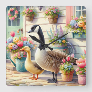 Cottage Garden Geese Spring Illustration Square Wall Clock