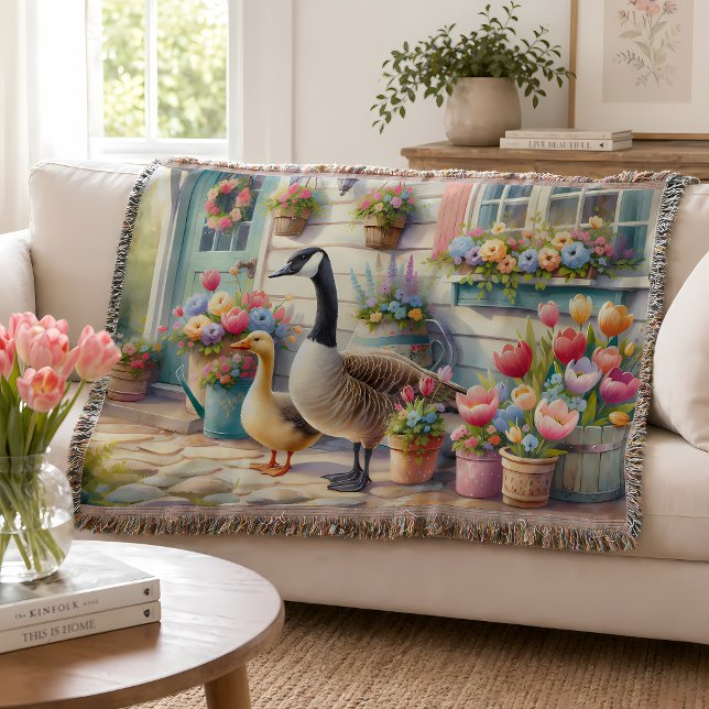 Cottage Garden Geese Spring Illustration Throw Blanket (Cottage Garden Geese Spring Illustration Throw Blanket)