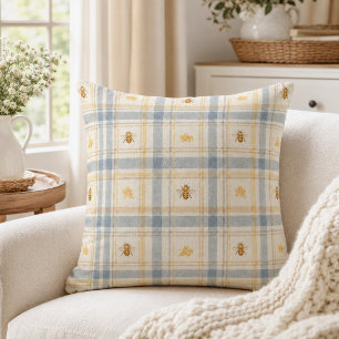 Cottage Garden Honeybee Bluebell Plaid  Cushion