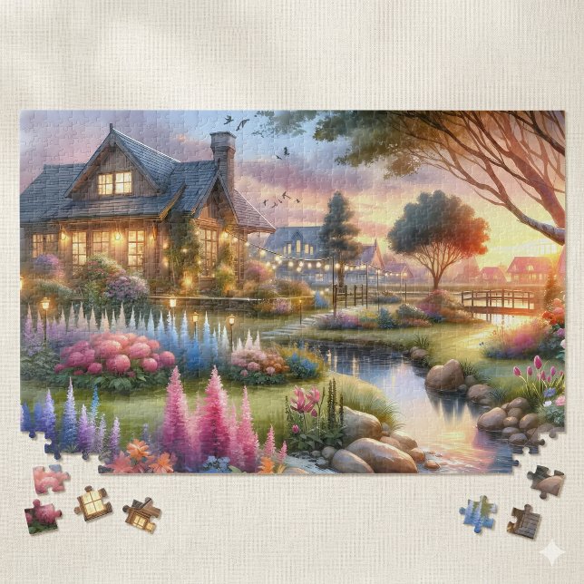 Cottage Garden Stream at Sunset Jigsaw Puzzle (Cottage Garden Stream at Sunset Jigsaw Puzzle)