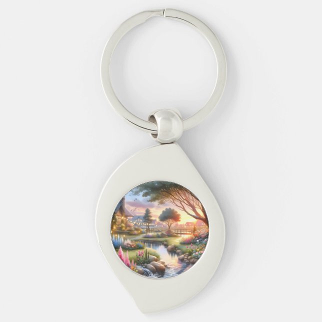 Cottage Garden Stream at Sunset Key Ring (Front)