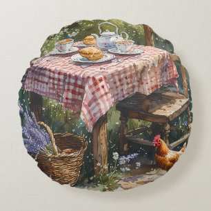 Cottage Garden Tea Morning Watercolor Round Cushion
