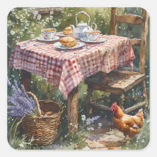 Cottage Garden Tea Morning Watercolor Square Sticker