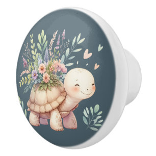 Cottage Garden Turtle Watercolor Ceramic Knob