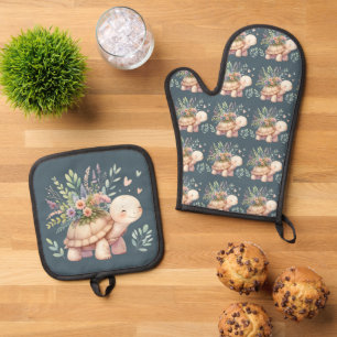 Cottage Garden Turtle Watercolor Oven Mitt & Pot Holder Set