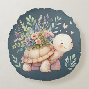Cottage Garden Turtle Watercolor Round Cushion