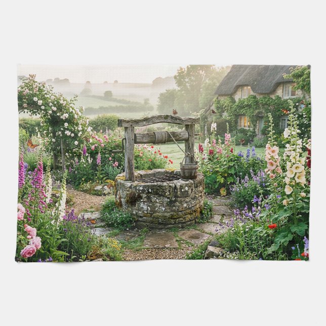 Cottage Garden Well Tea Towel (Horizontal)