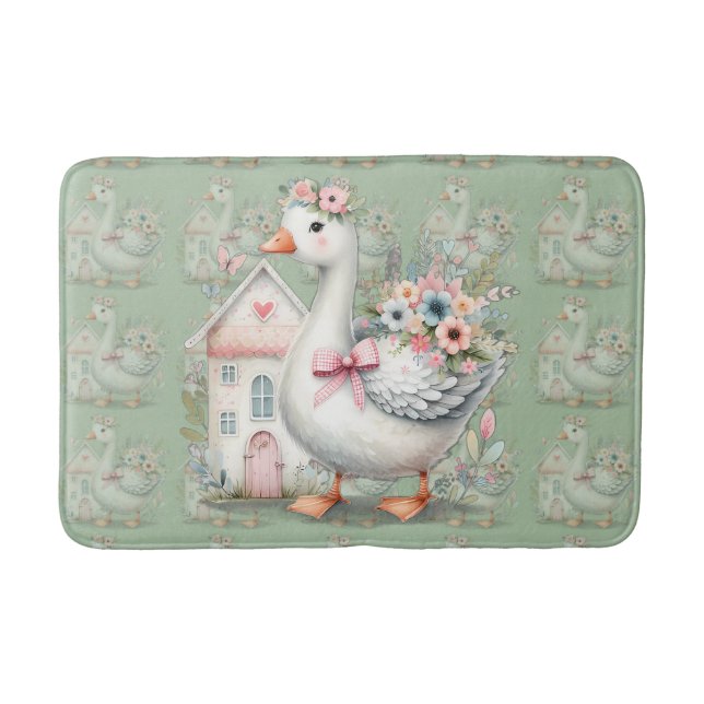 Cottage Goose Floral House Scene Bath Mat (Front)