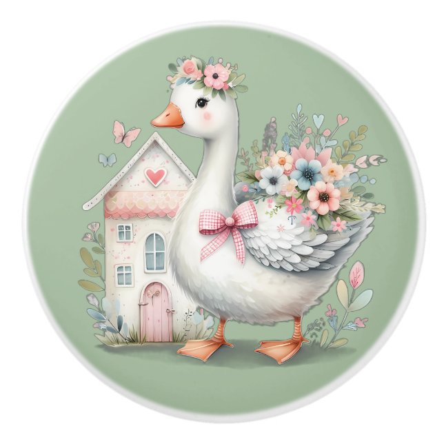Cottage Goose Floral House Scene Ceramic Knob (Front)