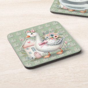 Cottage Goose Floral House Scene Coaster