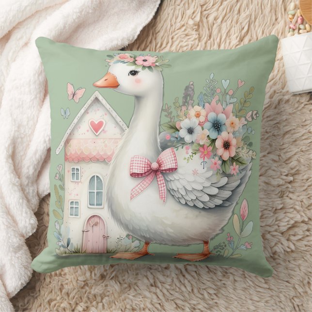 Cottage Goose Floral House Scene Cushion (Blanket)