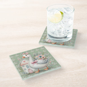 Cottage Goose Floral House Scene Glass Coaster