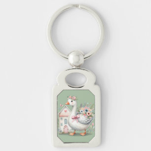 Cottage Goose Floral House Scene Key Ring