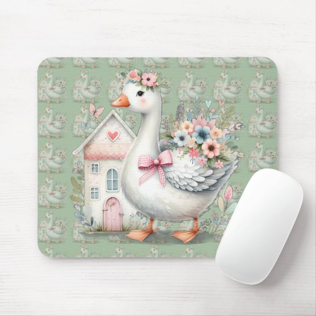 Cottage Goose Floral House Scene Mouse Mat (With Mouse)