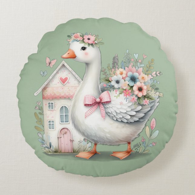 Cottage Goose Floral House Scene Round Cushion (Front)