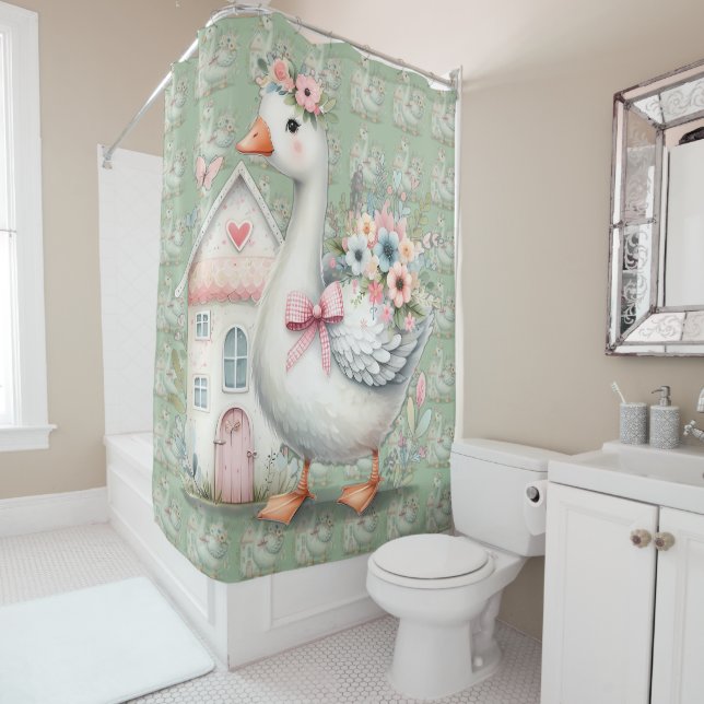 Cottage Goose Floral House Scene Shower Curtain (In Situ)