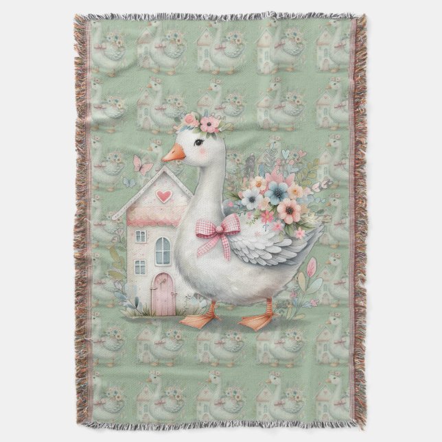 Cottage Goose Floral House Scene Throw Blanket (Front Vertical)