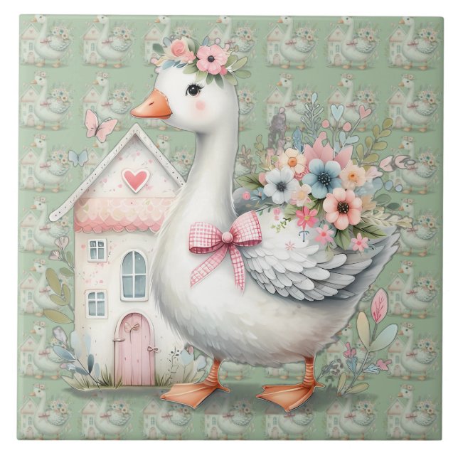 Cottage Goose Floral House Scene Tile (Front)