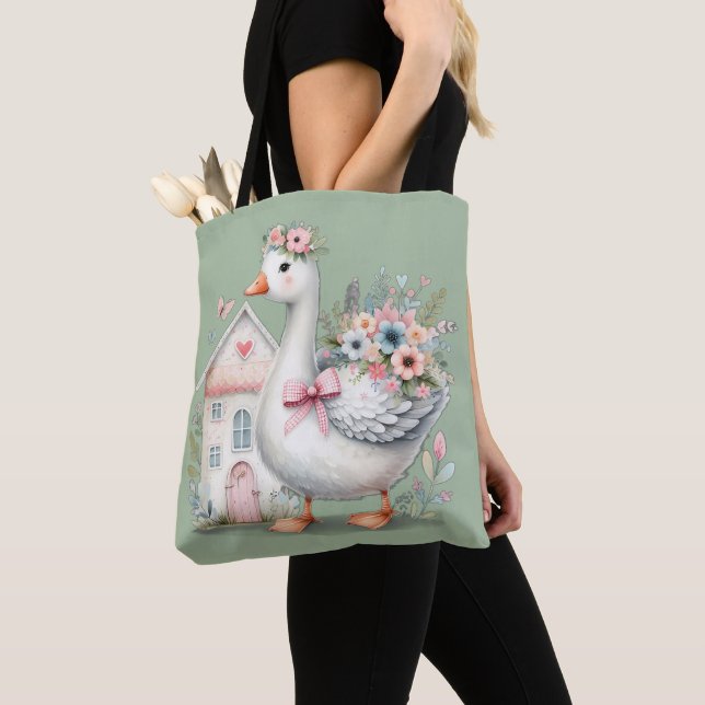 Cottage Goose Floral House Scene Tote Bag (Close Up)