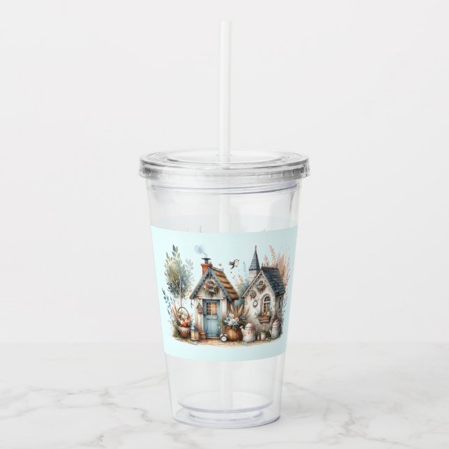 Cottage Haven Floral Homes Illustration Acrylic Tumbler (Front)