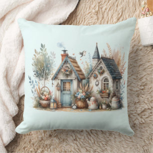 Cottage Haven Floral Homes Illustration Cushion