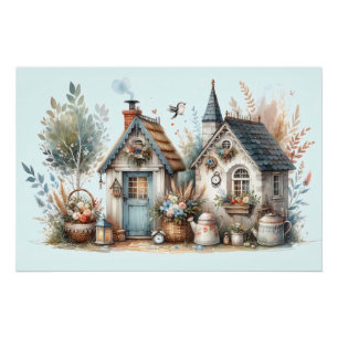 Cottage Haven Floral Homes Illustration Poster