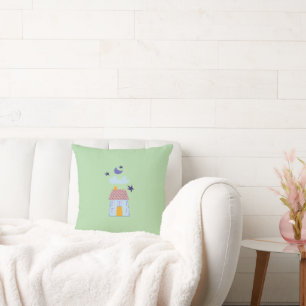 Cottage House Under Moonlit Sky Throw Pillow