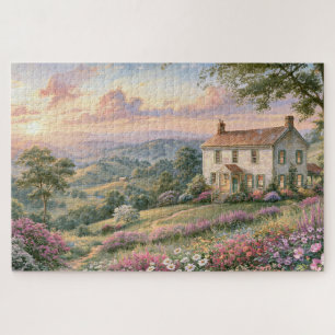 Cottage House Wildflowers Mountain Sunset Painting Jigsaw Puzzle