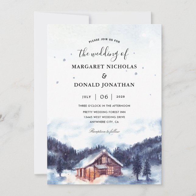 Cottage in a snowy village Wedding invitations (Front)