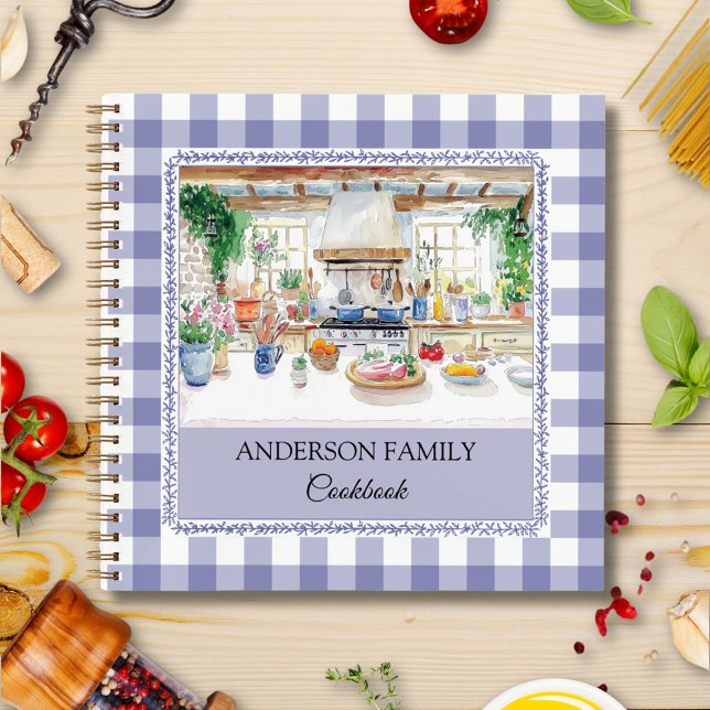 Cottage Kitchen Navy Blue Gingham Family Recipe Notebook (In situ)