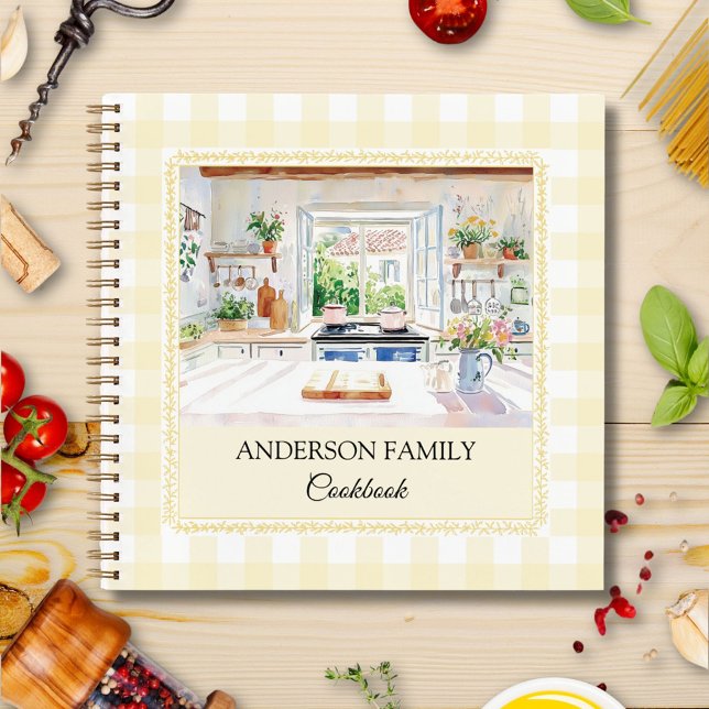Cottage Kitchen Yellow Gingham Family Recipe Notebook (In situ)