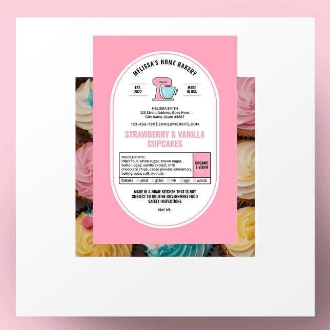 Cottage Law Home Bakery Label Feminine Blush Pink (Feminine blush pink and white bakery labels with ingredients and allergens)