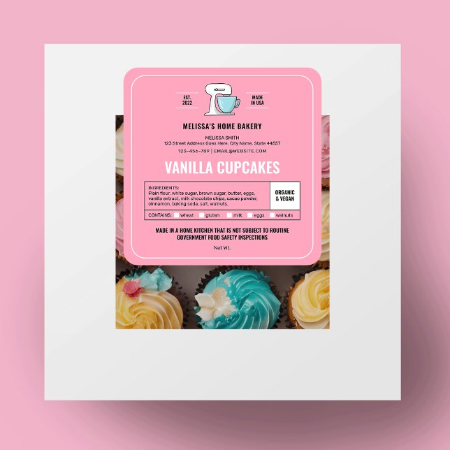 Cottage Law Label Feminine Pink Bakery Packaging (Girly pink bakery labels with ingredients, allergens and your contact details)