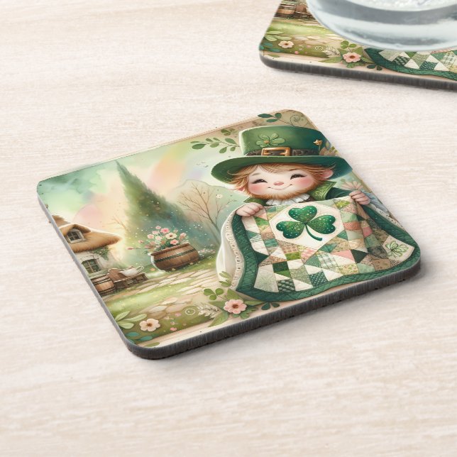 Cottage Leprechaun Patchwork Quilt Scene Coaster (Left Side)