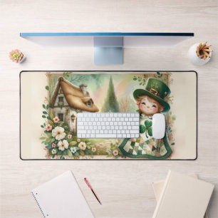 Cottage Leprechaun Patchwork Quilt Scene Desk Mat