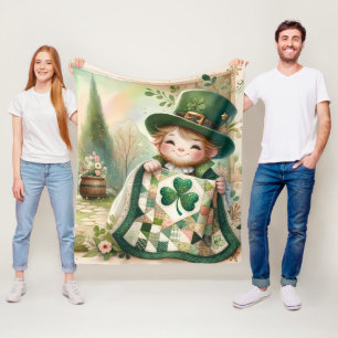 Cottage Leprechaun Patchwork Quilt Scene Fleece Blanket