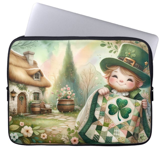 Cottage Leprechaun Patchwork Quilt Scene Laptop Sleeve (Front)