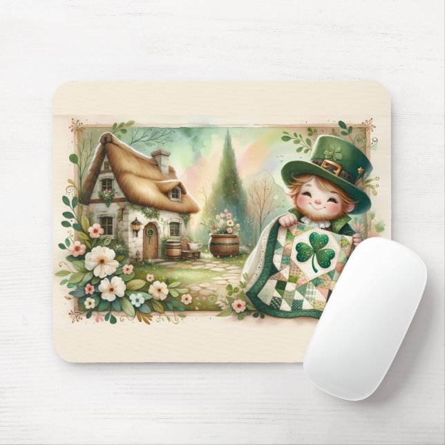 Cottage Leprechaun Patchwork Quilt Scene Mouse Mat (With Mouse)
