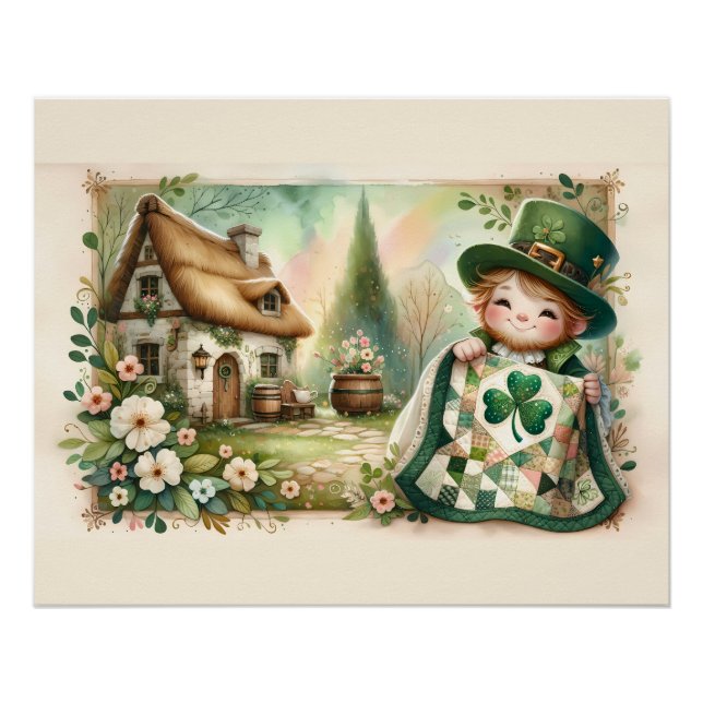Cottage Leprechaun Patchwork Quilt Scene Poster (Front)