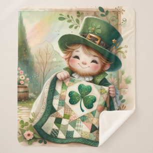 Cottage Leprechaun Patchwork Quilt Scene Sherpa Blanket