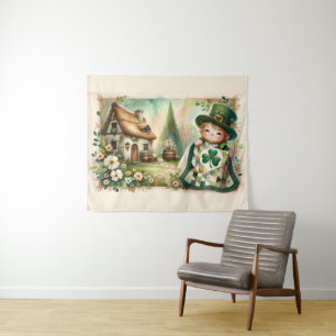 Cottage Leprechaun Patchwork Quilt Scene Tapestry