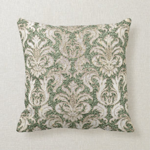 Cottage Mint Green Damask Gray Pearly Glitter Cushion