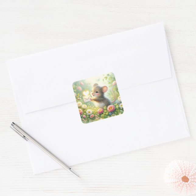 Cottage Mouse Love Letter Meadow Square Sticker (Envelope)