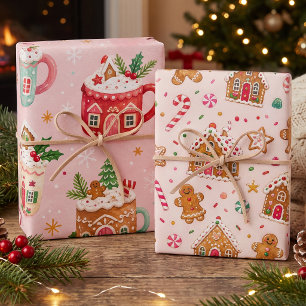 Cottage Mugs Gingerbread Candy Holly and Fir Wrapping Paper Sheet