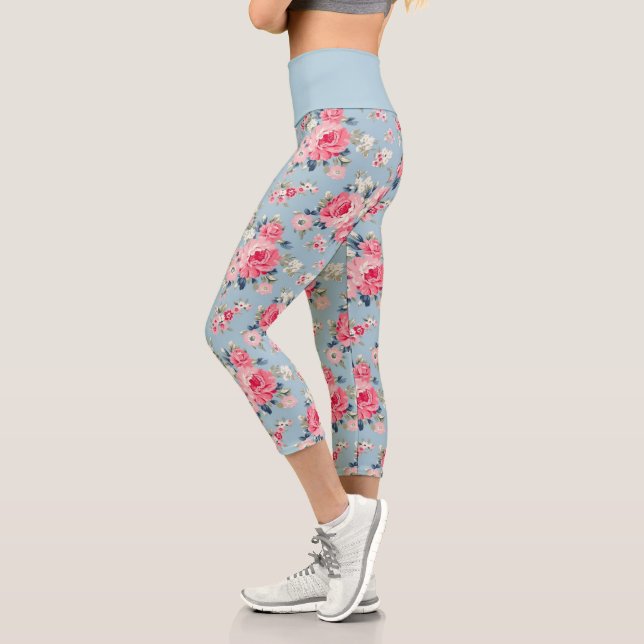 Cottage Pink Roses on Blue Background Capri Leggings (Left)