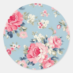 Cottage Pink Roses on Blue Background Classic Round Sticker