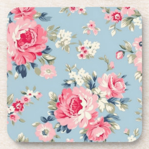 Cottage Pink Roses on Blue Background Coaster
