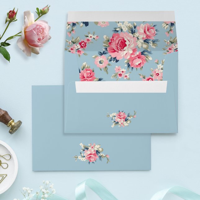 Cottage Pink Roses on Blue Background Envelope (Creator Uploaded)