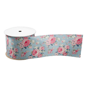 Cottage Pink Roses on Blue Background Satin Ribbon