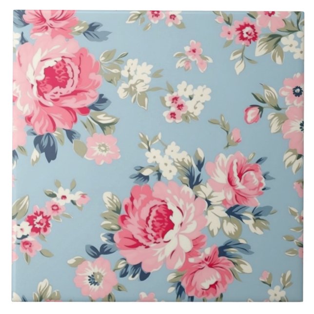 Cottage Pink Roses on Blue Background Tile (Front)